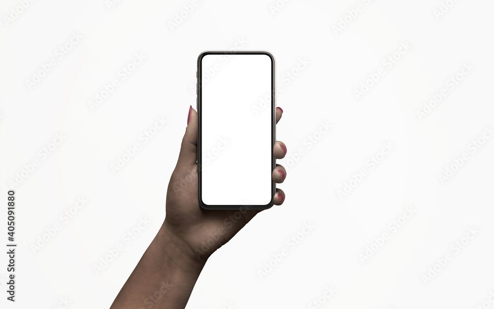 Poster isolated phone in hand with low, night light. dark skin. isolated display for app design promotion