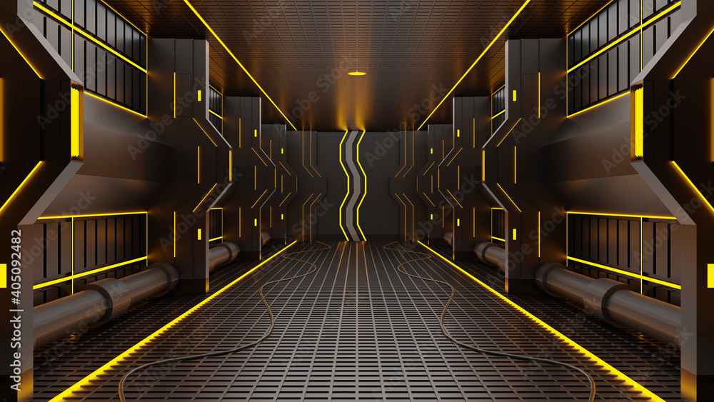 Poster 3d rendering tunnel high tech technology sci-fi orange and black color digital abstract background