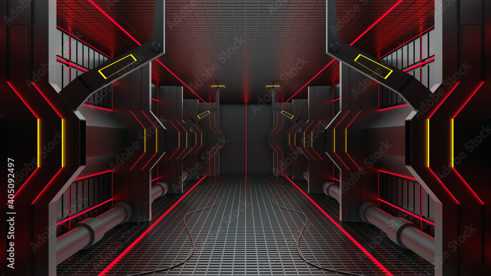 Poster 3d rendering tunnel high tech technology sci-fi orange, red and black color digital abstract backgro