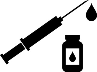Syringe with drug bottle illustrating vaccination and immunization process, flu shots or insulin injections. Injection shot with drug drop. Simple and clean vector design.