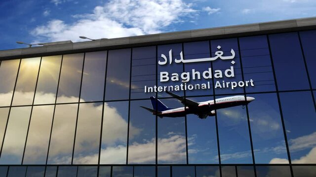 Jet aircraft landing at Baghdad, Iraq 3D rendering animation. Arrival in the city with the glass airport terminal and reflection of the plane. Travel, business, tourism and transport concept.