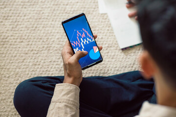 Closeup rear view of a businessman holding phone with graphs and diagrams on the screen. Male analyzing startup statistics online, checking financial trade report presentation sitting at home.