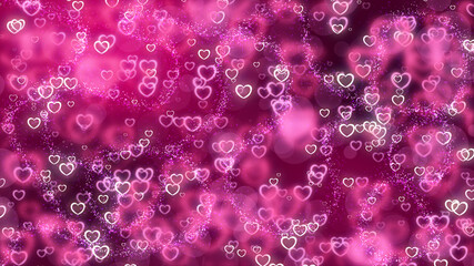 Romantic pink background with flying hearts and shiny particles