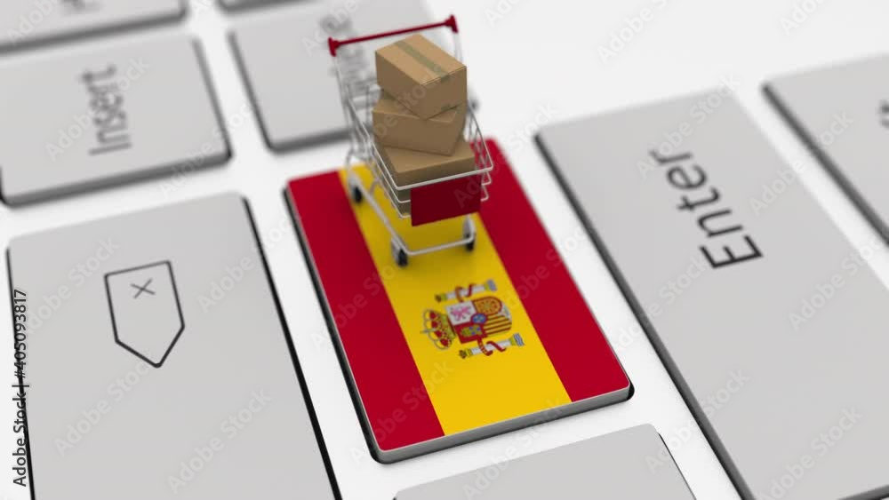 Poster key with flag of spain and shopping cart with boxes, looping internet business related 3d animation