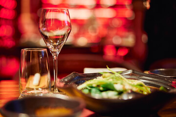 Luxury served evening banquet at modern restaraunt