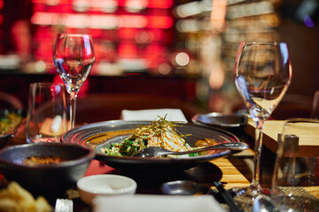 Luxury served evening banquet at modern restaraunt