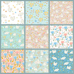 Set of cute Easter seamless patterns with chickens, bunnies and spring flora. Vector graphics.