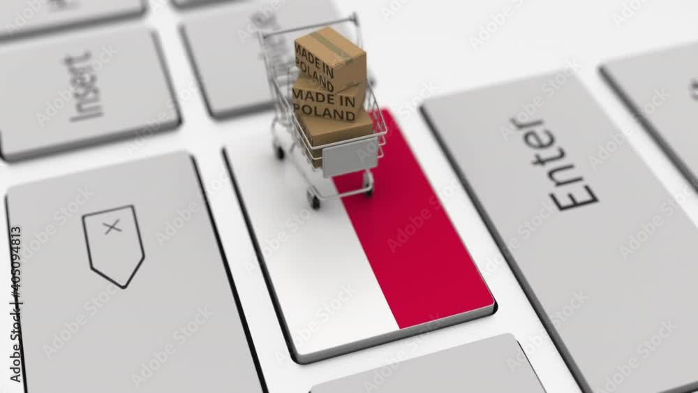 Poster boxes with made in poland text and shopping cart on the keyboard. conceptual looping 3d animation