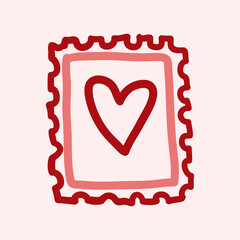 Valentines Day theme doodle icon of hand drawn mail postage stamp with heart shape isolated on a pink. Hand drawn line illustration