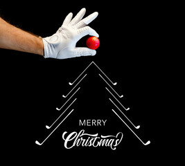 Merry Christmas, best wishes; Christmas tree made by golf clubs with the words merry christmas written inside, on the top a hand wearing a golf glove holding a red golf ball between the fingers