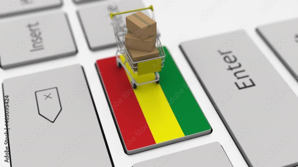 Poster shopping cart on the keyboard key with flag of bolivia. looping ecommerce related 3d animation