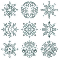Vector collection of artistic icy abstract crystal snow flakes isolated on background as winter december decoration group or collection. Ice or frost beautiful star ornament silhouette or season art