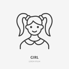 Girl flat line icon. Vector outline illustration of school kid. Black color thin linear sign for smile youth women person