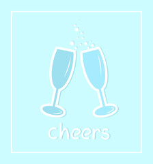 Celebration card poster cheers champagne glasses two couple blue background flat style illustration isolated icons 
