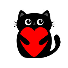 Black cat kitten kitty holding big red heart. Cute cartoon kawaii funny animal baby character. Flat design. Happy Valentines Day. Love card. White background. Isolated.