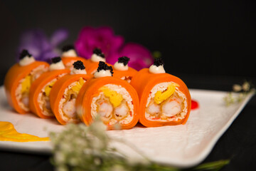 Close up to healthy Japanese rice free sushi roll with tempura black tiger shrimp (prawn) wrapped...