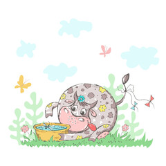 Funny fat cow plays outdoor. Cute cartoon animal for kids. Children illustration. Summer mood. 