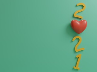 Happy new year with red heart on beautiful green background.3d rendering.