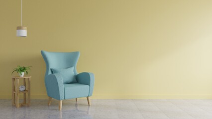 Living room has a blue sofa decorated with lamps and trees with yellow walls in the background.3d rendering.