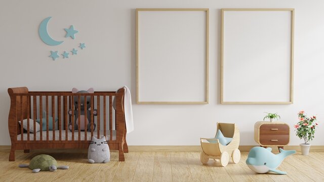Children's room with bed decorated with trees and dolls with picture frames on white walls.3d rendering.