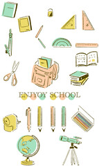 学校で使う文房具をルーズに描いたイラストセット
Illustration set that loosely depicts stationery used at school