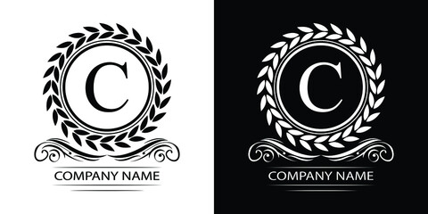 Letter   C laurel wreath template logo Luxury gold letter with crown. Monogram alphabet . Beautiful royal initials letter.