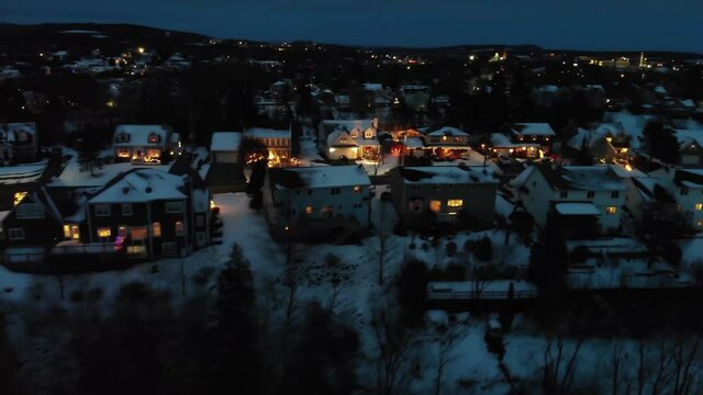 Christmas Lights in a Small Town at Dusk