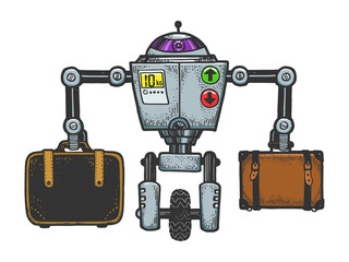 Fototapeta premium Robot luggage carrier sketch engraving raster