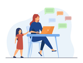 Lonely girl standing and mom chatting in social media. Laptop, child, parent flat vector illustration. Digital technology and communication concept for banner, website design or landing web page - obrazy, fototapety, plakaty