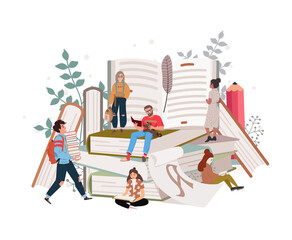 People or students reading studying and preparing for examination sitting on stack of giant books or beside it. Set of book lovers, readers, modern literature fans. Flat cartoon vector illustration