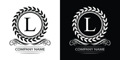 Letter   L laurel wreath template logo Luxury gold letter with crown. Monogram alphabet . Beautiful royal initials letter.
