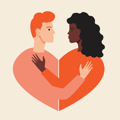 Couple hugging, isolated man and woman as concept of romance, love, embrace one another, flat vector stock illustration with multicultural lovers