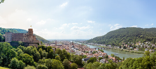 Heidelberg Panorama im Sommer mit Neckar, Alter Brücke, Schiff und Fußgängerzone.