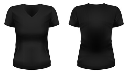 Blank black V-neck t-shirt template. Front and back views. Vector illustration. - obrazy, fototapety, plakaty