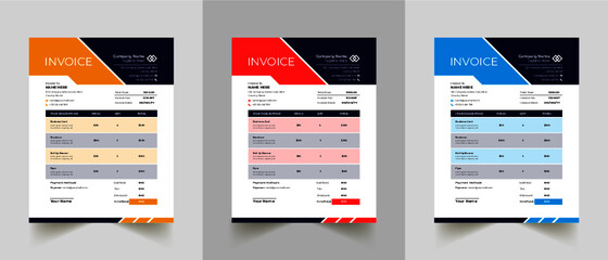 Invoice minimal design template. Bill form business invoice accounting. Modern and creative corporate business invoice template | Company business invoice template with color variation bundle