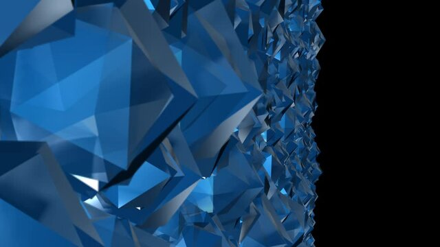 Isolated black background. Futuristic technology design. Close-up of a diamond wall in rays of blue light. Modern technological concepts. 3d illustration. 4k Ultra HD 3840x2160.