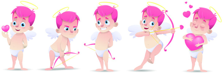 Obraz premium Collection of cartoon cupids in different poses and with different emotions isolated on white background. Happy valentines day greeting card with cute cupid character. Vector illustration