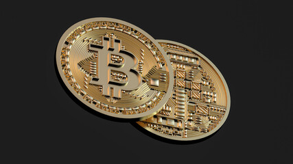 Several bitcoins on a dark background, a stack of bitcoins