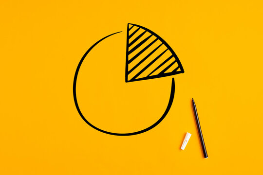 Hand Drawn Pie Chart Or Diagram With A Pen Marker On Yellow Background. Market Share Or Segment