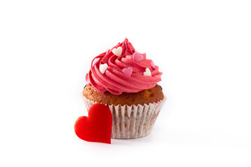Cupcake decorated with sugar hearts for Valentine's Day isolated on white background