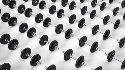 Many dumbbells, several dumbbells on a white isolated background