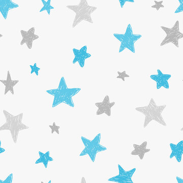 Vector kids pattern with doodle textured stars. Vector seamless background, blue, gray, white, scandinavian style,