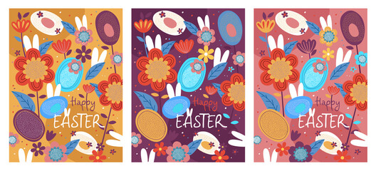 Set of easter posters with flowers, eggs and bunny ears. Floral greeting cards for Easter. Modern background.