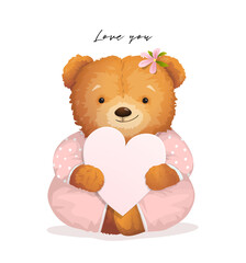 Cute Teddy Bear girl for chilren holding a heart gift card, valentines graphic design with soft baby toy, cute and lovely. Fashion and love apparel realistic print vector design for kids and adults.