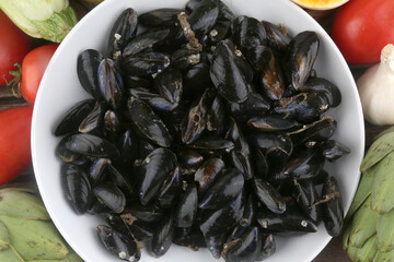 raw mussels with fruits background