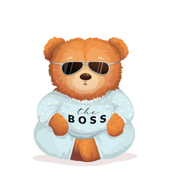 Cool teddy bear wearing sunglasses with the Boss sign on his shirt. Soft toy for kids and adults apparel or gift card vector graphic design, fashionable bossy print.