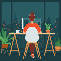 Woman is sitting at a computer in a room with a large window. Concept of remote work, freelancing, teaching, e-learning, from home office at night, workplace with indoor plants. Vector illustration 