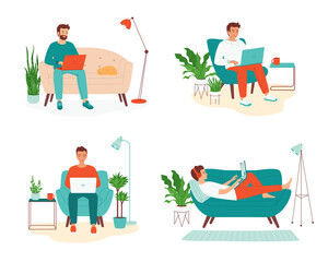 Young smiling man is sitting with a laptop at sofa and armchair. Concept of remote work from home, freelance, distance education, e-learning. Set of isolated vector illustrations  in cartoon style