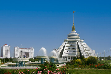 White marble-clad fountain that looks like a building in the Independence Park, Ashgabat, Turkmenistan