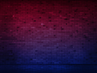 Neon brick wall and sidewalk wet. Empty scene.